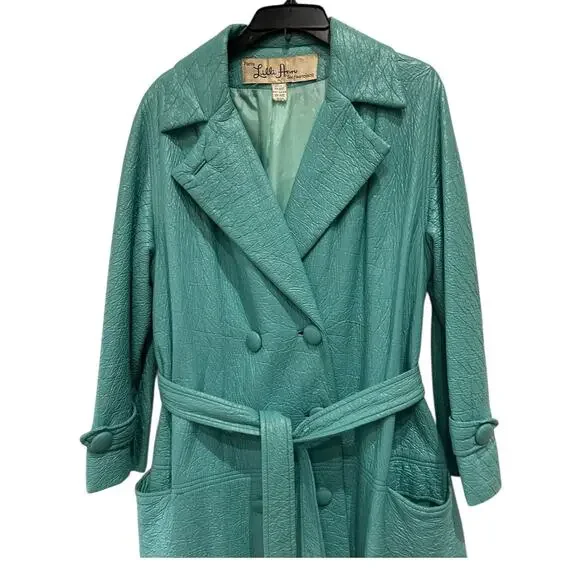 Vintage 1960s Lilli Ann Faux Leather Turquoise Coat Belted Mod Jacket | XL - - Picture 5 of 5
